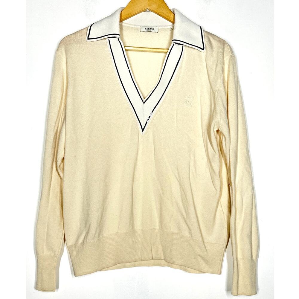 Sandro Alizia Polo Sweater Knit Wool Blend  Collared Top Off White 1 Small - Picture 3 of 11